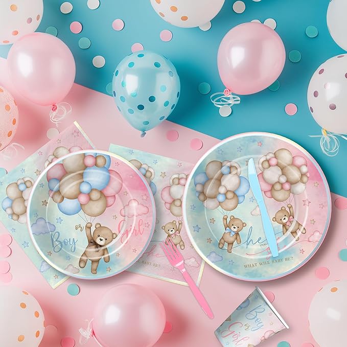 Bear Gender Reveal Decorations Party Tableware - Bear Boy Or Girl Gender Reveal Supplies, Paper Plate, Cup, Napkin, Disposable Fork, He Or She Gender Reveal Table Decorations | Serve 24