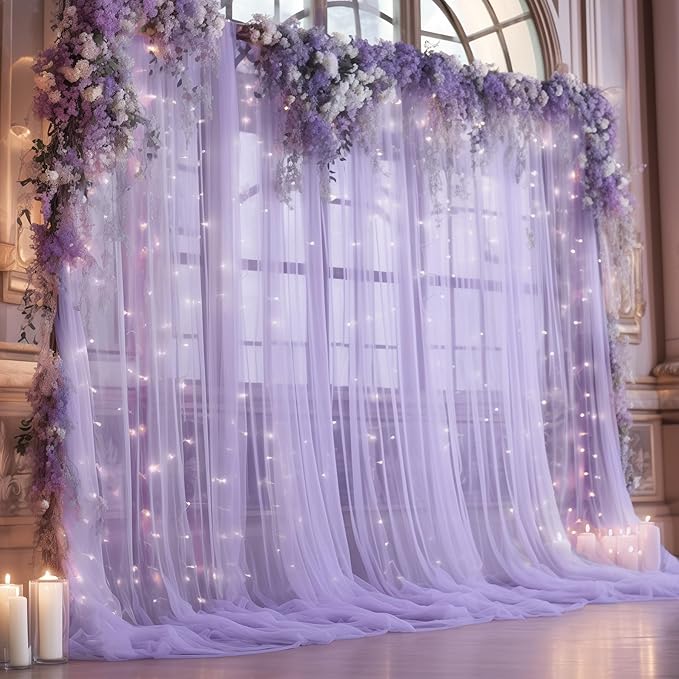 30ft x 10ft Purple Backdrop Curtain with Lights String for Parties, Sheer Tulle Wedding Photo Backdrops Drapes for Baby Shower Birthday Party Decorations Background for Photography
