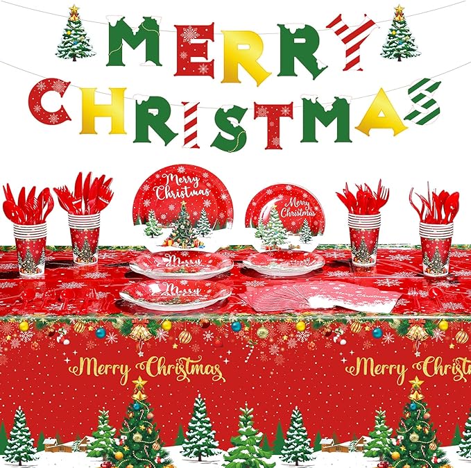 Christmas Party Supplies Tableware Set Xmas Party Decoration Christmas Tree Paper Plates Napkins Snowflakes Tablecloths Merry Christmas Banner Holiday Disposable Dinnerware Serves 24 Guests