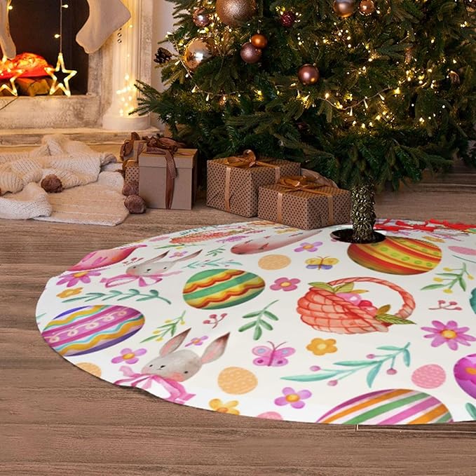 Easter Eggs Bunny Tree Skirt Xmas Tree Mat Christmas Tree Ornaments Decorations Holiday Party Indoor Outdoor 36"