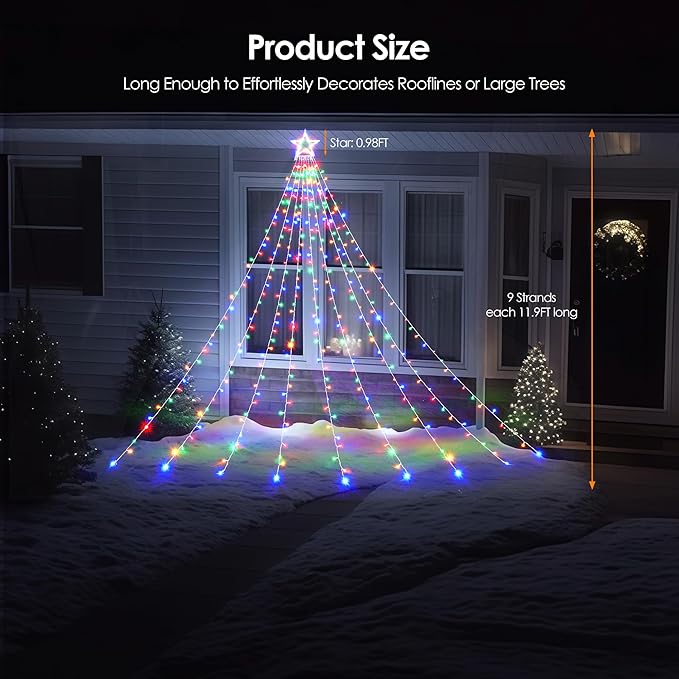 WBao Outdoor Christmas Decorations with Star Topper, 344 LED 11.9ft Color Changing Christmas Lights, Remote Control 11 Modes, Timer, UL Listed Waterproof for Tree Roof Porch, Warm White & Multicolor