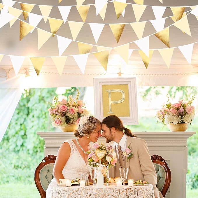 White and Gold Party Decorations Gold Beige White Fabric Triangle Pennant Banner Flag Bunting Garland for Graduation Wedding Birthday Bridal Shower Anniversary Engagement Baptism Party Supplies