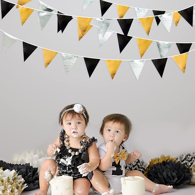 Black Gold Silver Party Decoration Triangle Pennant Banner Flag Metallic Fabric Bunting Garland for Birthday Graduation Anniversary Wedding Bridal Shower Bachelorette Engagement Disco Party Supplies