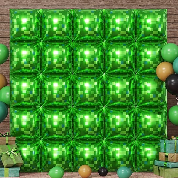 Green Pixel Square Balloon Wall, 25 PCS Green Pixel Square Foil Balloons Wall Backdrop Balloons Tunnel Arch for Kids Boys Video Game Theme Birthday Party Decoration