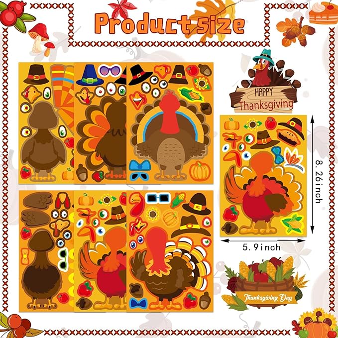Turkey Stickers 24 PCS Thanksgiving Stickers for Kids, Make Your Own Turkey Sticker Sheets for Thanksgiving Party Favors DIY Crafts Sticker Classroom Teacher Reward