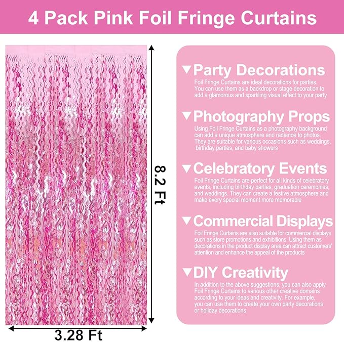4 Pack Pink Wave Foil Fringe Curtain Backdrop, 3.28Ft x 8.2Ft Metallic Tinsel Foil Fringe Streamer Curtains for Photo Booth, Mother's Day, Easter, Birthday, Wedding Party Decoration