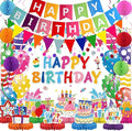 Birthday Decorations Kit, Happy Birthday Party Banner, Honeycomb Balls, Metallic Hanging Swirls, Circle Garland, Colorful Party Decorations, Backdrop Cloth, Centerpieces for Tables