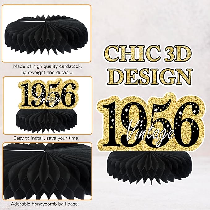 9Pcs 70th Birthday Decorations Honeycomb Centerpieces for Men Women, Black Gold Happy 70th Birthday Centerpieces Tables Toppers Party Decorations Supplies,Vintage 1955 Aged Birthday Table Sign Decor