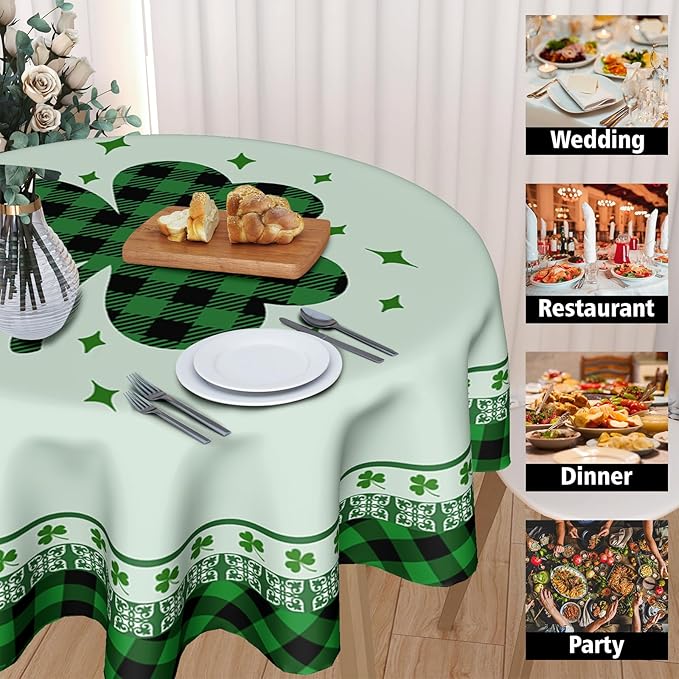St Patricks Tablecloth Round 70 Inch Green Shamrock Tablecloth Buffalo Plaid Clover Table Cloth Farmhouse St Patrick's Day Tablecloth for Kitchen Holiday Picnic Party Dinner Room Outdoor Decor