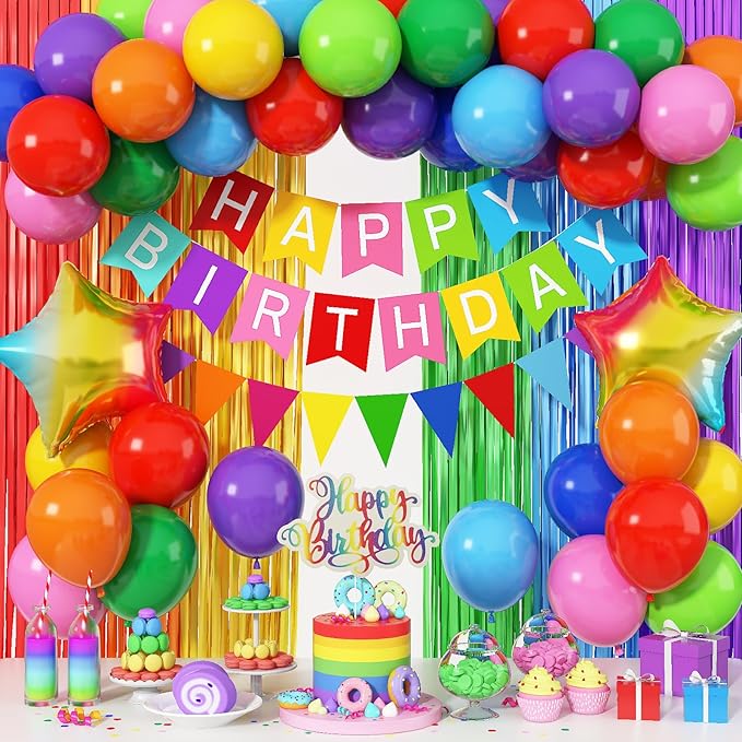 Rainbow Birthday Decorations for Kids, Colorful Party Decor Assorted Color Latex Foil Balloons Fringe Backdrop Happy Birthday Banner Cake Toppers for Boys Girls Carnival Circus Party Supplies