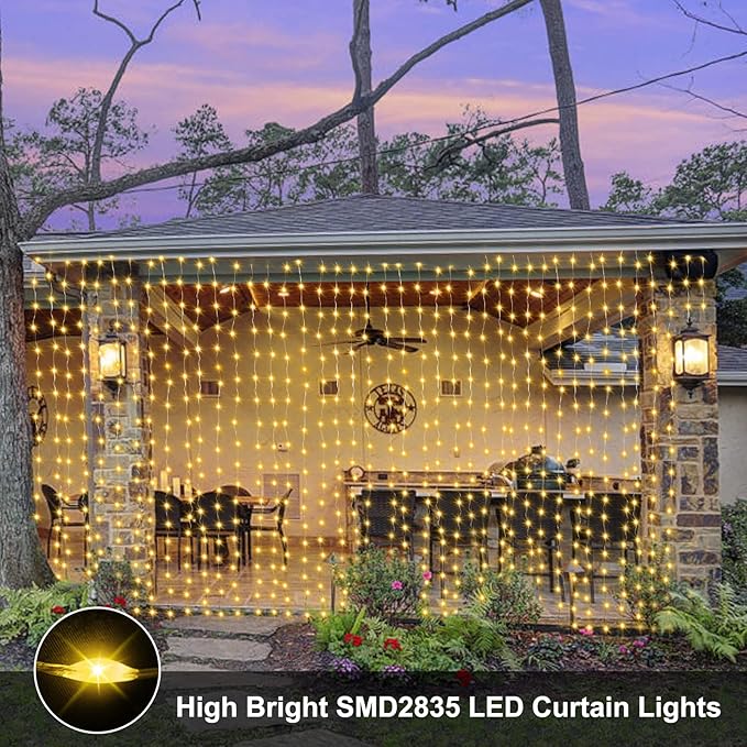 echosari Curtain Lights Battery Operated 200 LED Curtain Fairy Lights 6.6×6.6ft with Remote Timer Outdoor Wall Light Fully Waterproof for Wedding Backdrops Bedroom Decor (Warm White)