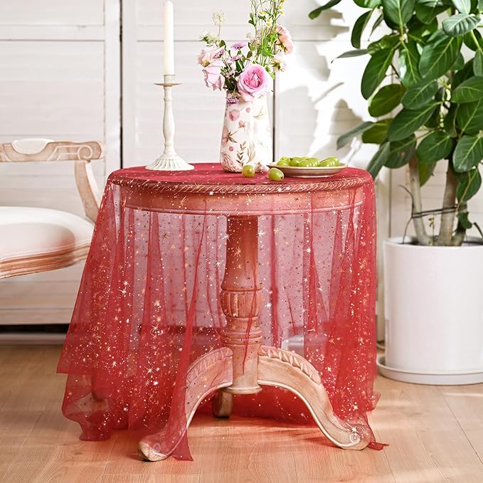 Horaldaily Red Gold Sparkling Star Gauze Tablecloth 60x104 Inch Rectangular, Golden Star Sequin Glitter Metallic Foil, Sheer Tulle Cheesecloth for Wedding Baby Shower Party
