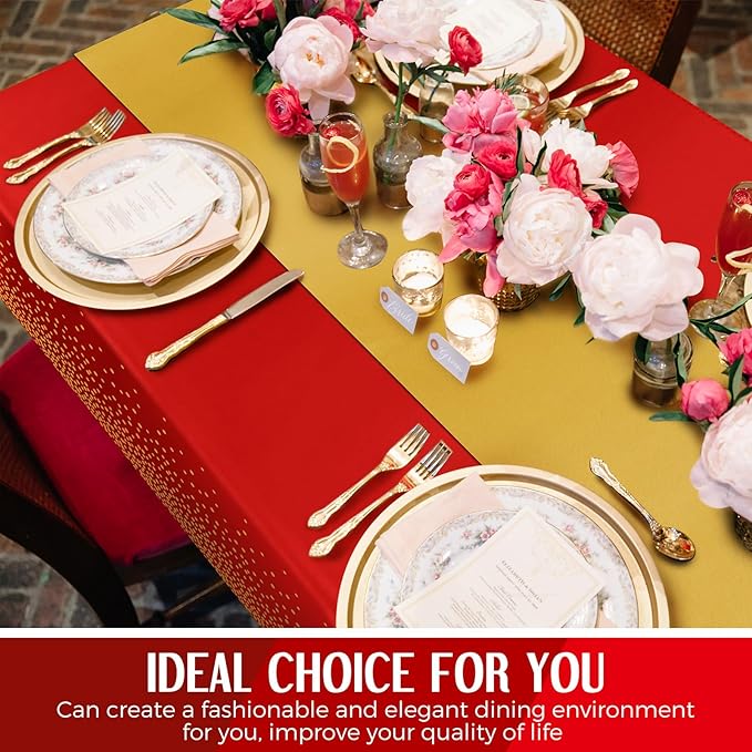 Breling 8 Pack Red and Gold Disposable Plastic Tablecloths and Satin Table Runner Set, 54 x 108 Inch Tablecloth, 12 x 108 Inch Table Runners for Wedding Graduation Birthday Baby Shower New Year