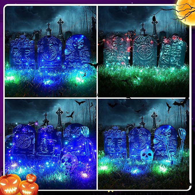 3 Pcs Halloween Tombstones Decoration with Green Remote Lights, Blue Lights, Plastic RIP Grave Yard Signs Outdoor Garden Party Decor