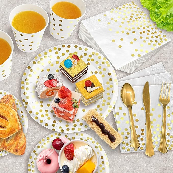 AIRE 175PCS White and Gold Paper Plates Party Supplies for 25 Guests Disposable Party Decorations Dinnerware Golden Dot Paper Plates Napkins Cups Gold Plastic Forks Knives Spoons for Wedding Birthday