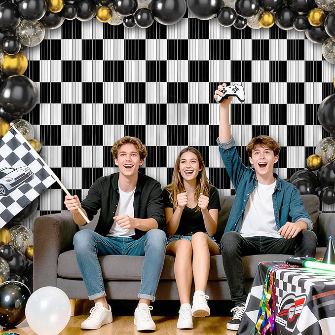 Crosize 2 Pack 3.3 x 9.9 ft Race Car Party Decorations Fringe Curtains, Black & White Tinsel Curtain Backdrop for Parties, Door Streamers, Glitter Streamer Backdrop for Birthday Decoration