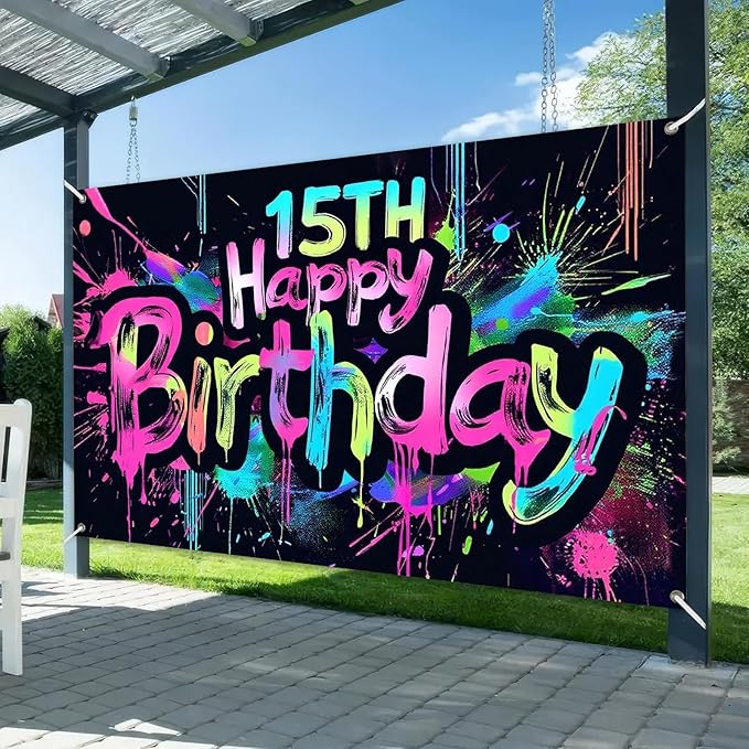 Neon 15th Happy Birthday Banner 71x43 Inch Paint Splatter Glow in The Dark Party Backdrop Colorful Wall Decor for Teens Boys Girls Fifteenth Birthday Celebrations Photo Booth Props