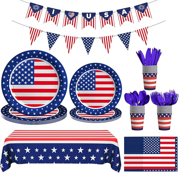 American Flag Themed Party Decorations, 170 Pcs Patriotic Party Decorations Including Banner, Plates, Cups, Napkins, Cutlery, Straws and Tablecloths, Serves 24