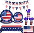 American Flag Themed Party Decorations, 170 Pcs Patriotic Party Decorations Including Banner, Plates, Cups, Napkins, Cutlery, Straws and Tablecloths, Serves 24
