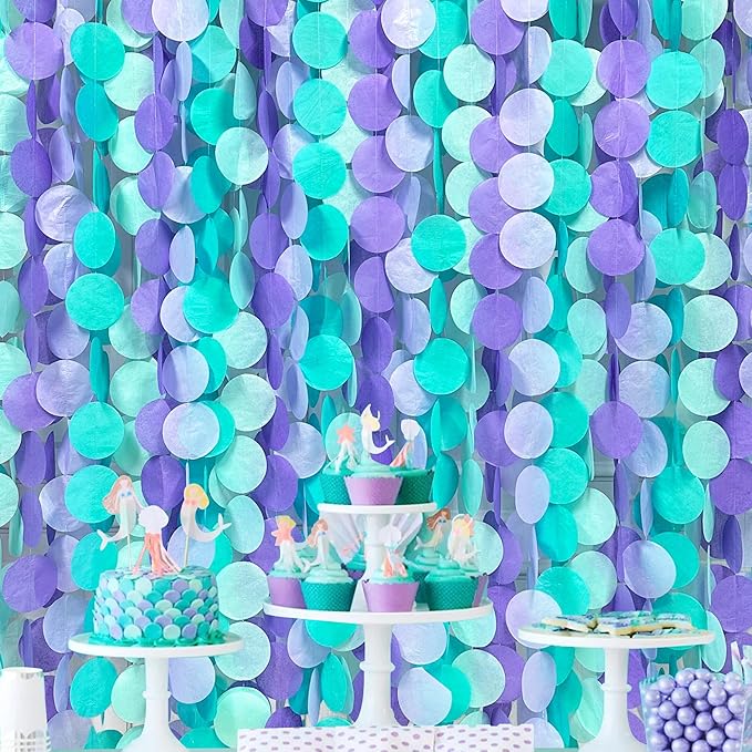 205Ft Purple Teal Big Circle Dot Backdrop Streamer Tissue Paper Polka Dot Hanging Garland for Mermaid Under The Sea Birthday Bachelorette Wedding Baby Shower Engagement Party Decorations Supplies
