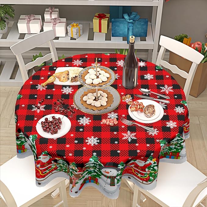 Christmas Tablecloth Round 60 Inch Black Red Buffalo Plaid Snowflake Winter Table Cloth Washable Snowman Christmas Table Cover for Kitchen Dinner Room Holiday Party Indoor Outdoor Home Decor