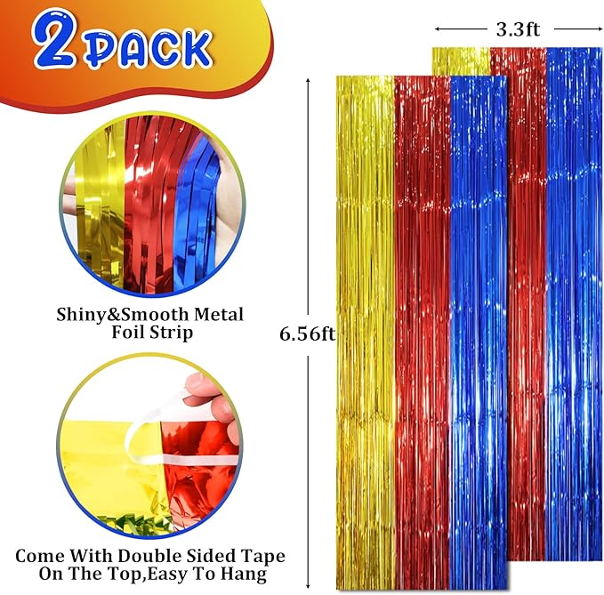 2 Pack Blue Red Gold Foil Fringe Backdrop Curtains, Tinsel Streamers Party Decorations, Fringe Backdrop, Door Shimmer for Birthday Party