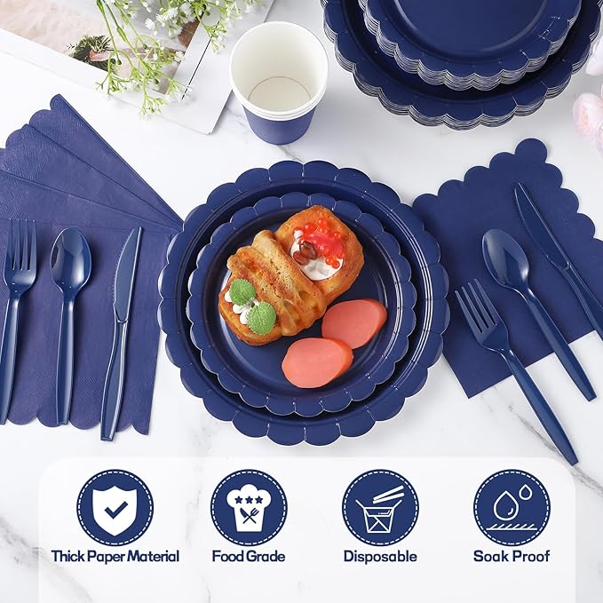 175 Pcs Navy Blue Plates and Napkins, 25 Guest Navy Blue Party Supplies Inlcudes Scalloped Plates Napkins Cups Plastic Cutlery for Birthday, Wedding, Picnic