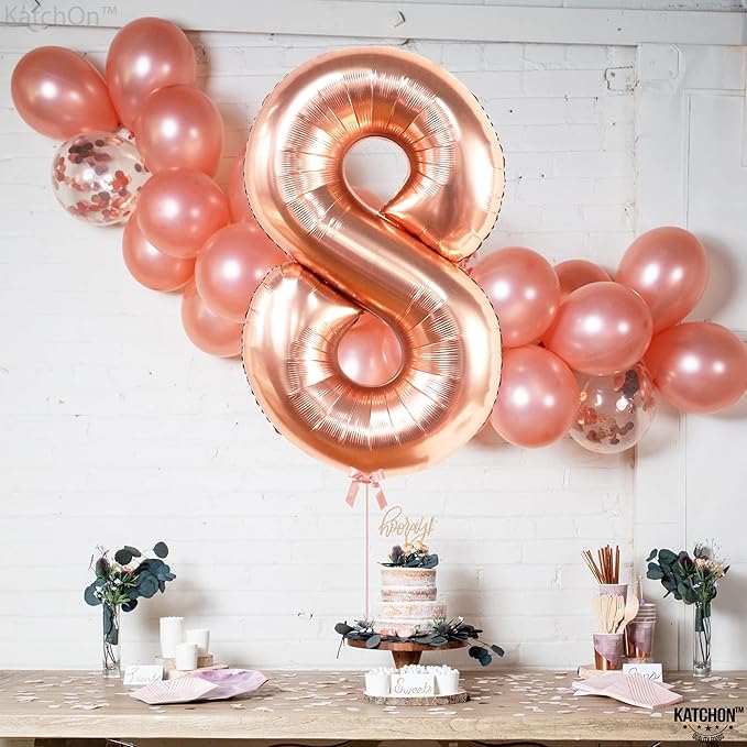 KatchOn Rose Gold 8 Balloon - 40 Inch Mylar Eight Balloon for 8th Birthday Decorations