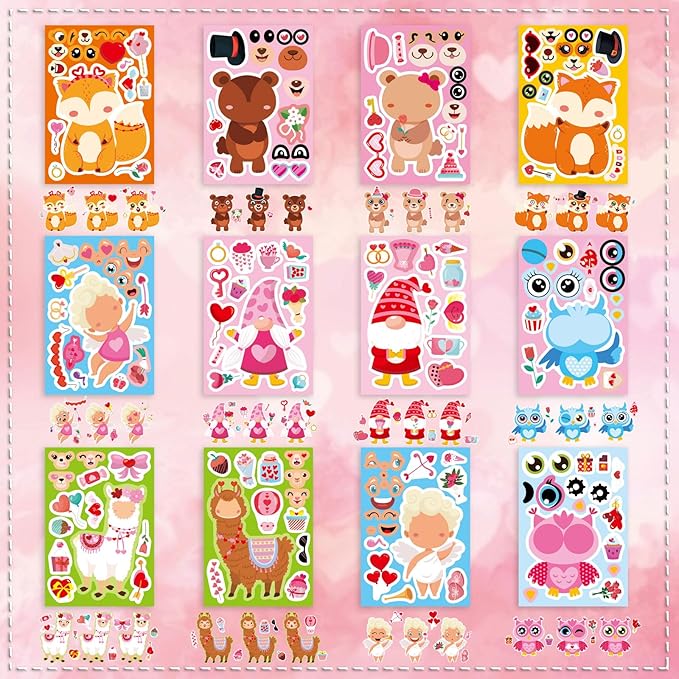36 Sheets Valentine's Day Stickers for Kids, Make a Face Sticker Make Your Own Animal with Heart Mix Stickers Valentine's Day Activities Party Favors