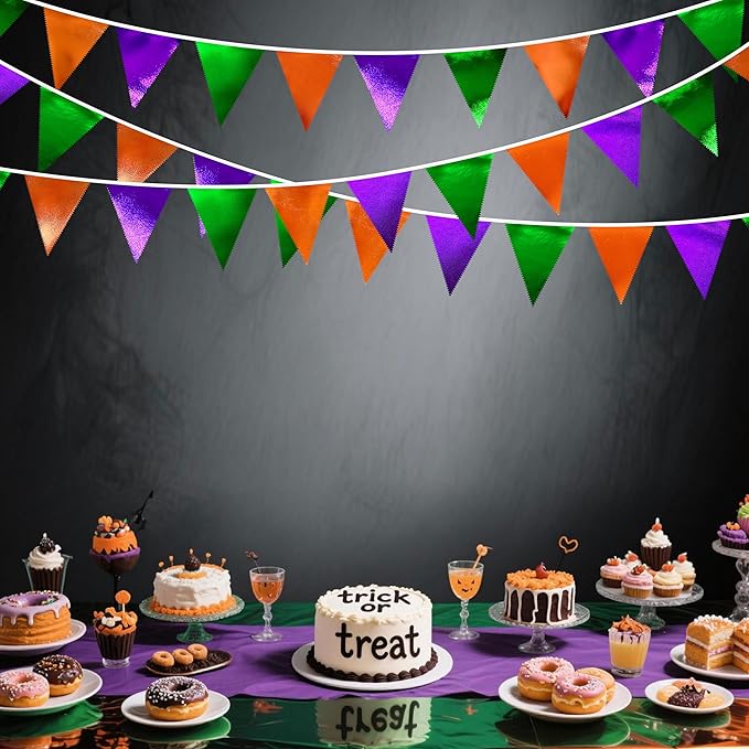 Halloween Party Decorations Metallic Fabric Green Orange Purple Triangle Pennant Banner Flag Bunting for Trick or Treat Spooky Hey Boo Happy Halloween Holiday Birthday Baby Shower Party Supplies