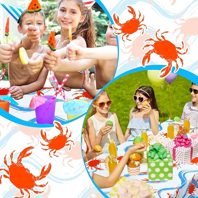 Juexica 2 Pcs 54 x 108 Inch Crab Boil Party Table Cloth Summer Seafood Party Supplies Plastic Crab Tablecover Decorations Rectangular for Sea Animals Dining Kitchen Centerpiece (Blue Waves Style)
