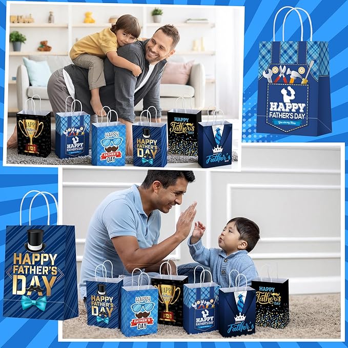 24 Pcs Fathers Day Party Gift Bags Happy Father's Day Paper Bags with Handles Dad Treat Goodie Present Boxes Blue Black Party Supplies for Dads Men Anniversary Birthday Decor