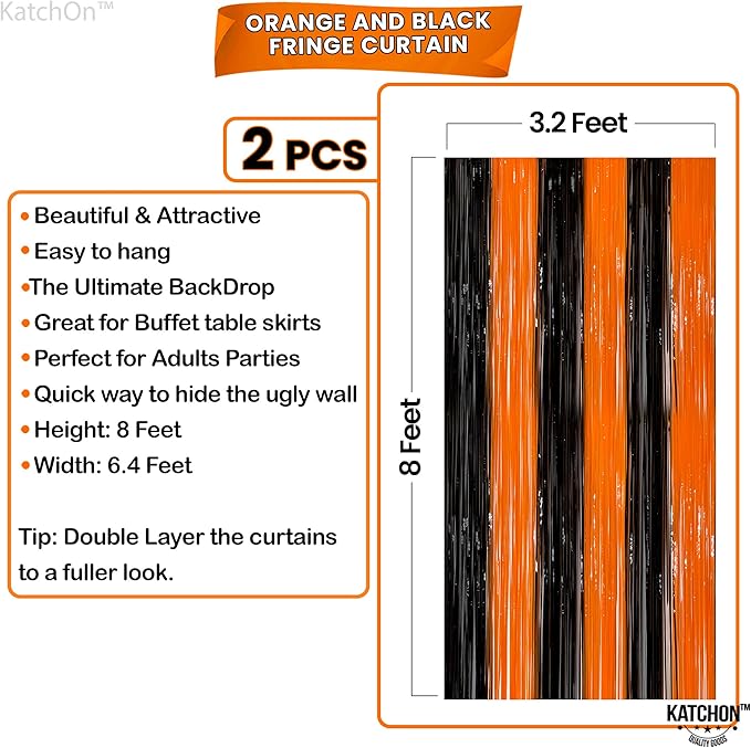 KatchOn, Black and Orange Foil Fringe Curtain - XtraLarge 3.2x8 Feet, Pack of 2 | Orange and Black Streamers, Halloween Decorations | Fringe Backdrop Curtain for Birthday, Basketball Party Decorations
