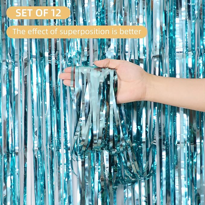 12 Pack Blue Foil Curtain Backdrop 3.2ft x 6.6ft Metallic Tinsel Fringe Backdrop Curtains Streamer Photo Booth Backdrop for Birthday Engagement Bachelorette Christmas Holiday Party Decorations