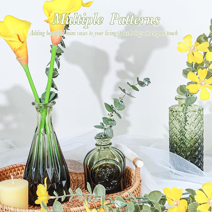 Glass Bud Vases Set of 5, Mini Flower Vase for Centerpieces, Small Clear Vases in Bulk for Wedding Decorations, Vintage Vase for Table, Recepetion, Home Décor (Green)