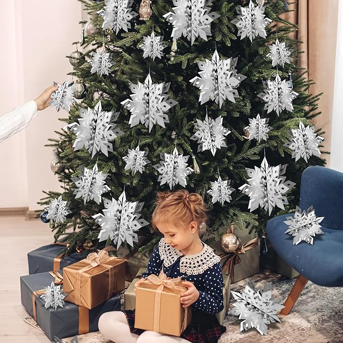 OuMuaMua Christmas Snowflake Decorations Indoor, 36PCS 3D Silver Hanging Snowflakes Garland for Winter Wonderland Decor Xmas Christmas Party Baby Shower Holiday Home Decorations