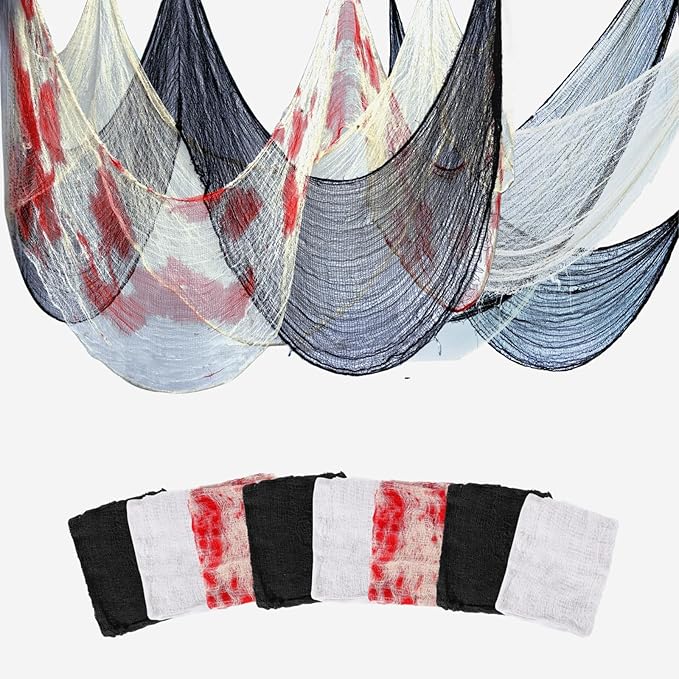 Halloween Creepy Cloth - 8 Pack (3 Black/3 White/2 Red)- 76x30 Inch Cotton Gauze Fabric - DIY Spooky Decor for Haunted House,Spider Web,Ghost - Indoor Outdoor Halloween Party Decorations