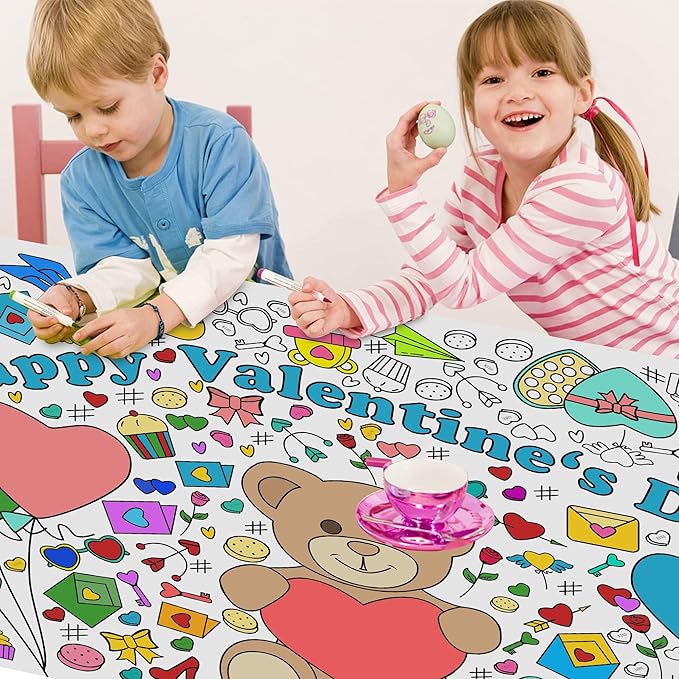 Valentines Giant Coloring Poster/Tablecloth-Valentines Day Gifts for Kids Classroom School-30 x 72 Inches Jumbo Coloring Banner Kids Crafts Games Activities Toys Decor Party Decorations