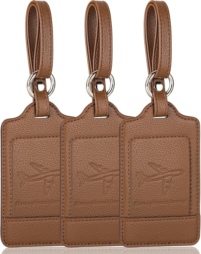 3 Pack Luggage Tags - Quick Install, Privacy Protection, Airplane Travel Essentials for Suitcases, Durable Leather - Lichee Coffee