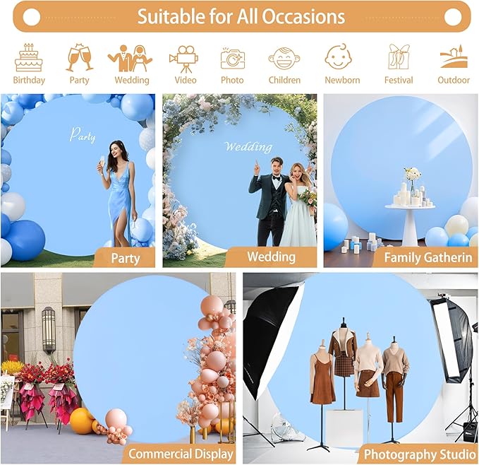 Gallety 7.2FT Baby Blue Round Backdrop Cover with Size Adjuster & 4 Metal Clips, Universal Fit for 5ft-7.2ft Circle Stand, Polyester Fabric Arch Cover for Wedding, Birthday Party, Photography Decor