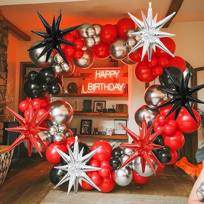 6PCS Star Balloons, 22Inch Black Red and Silver Star Balloon Foil Balloons Spike Cone Balloon for Graduation Birthday Anniversary New Year Kids Boys Party Decorations