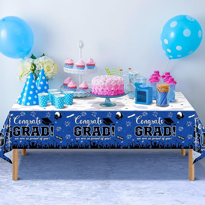 12 Pack Graduation Tablecloth Party Decorations, Class of 2026 Congrats Grad Plastic Tablecover Party Supplies, Blue Rectangle Graduation Table Decorations for College High School Party, 54 x 108 Inch