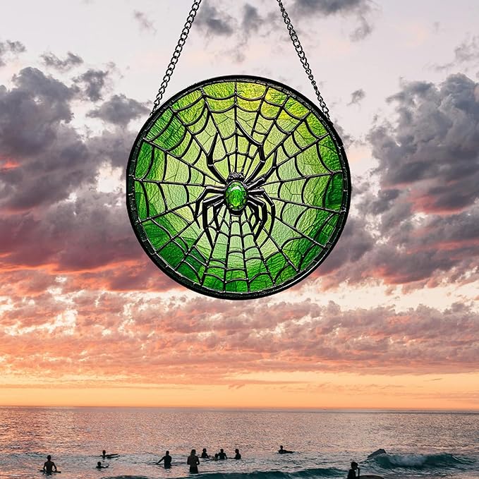 Stained Glass Window Hanging - Black Green Horror Spider Web Suncatcher for Doors Garden Patio Sun Catchers Decor Christmas Halloween Birthday Gifts for Women Men Mom Nana Friend 11.8 in