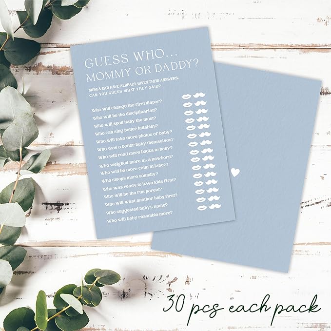 Minimalism Baby Shower Game Kits - Guess Who Mommy Or Daddy - Mist Blue - 30 Fill in Style Game Cards Each Set, Gender Reveal, Baby Announcement, Party Favor & Decor - B03