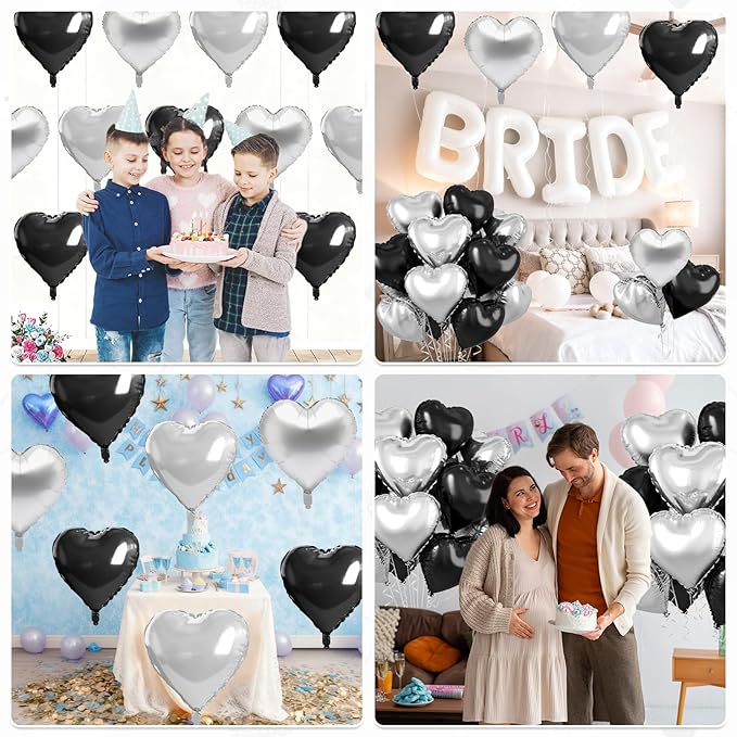 Black Silver Heart Balloons, 10 Pcs 18 Inch Metallic Silver Black Heart Shaped Balloon Foil Balloons Helium for Boys Men Brithday Bridal Baby Shower Valentines Day Halloween Party Decorations