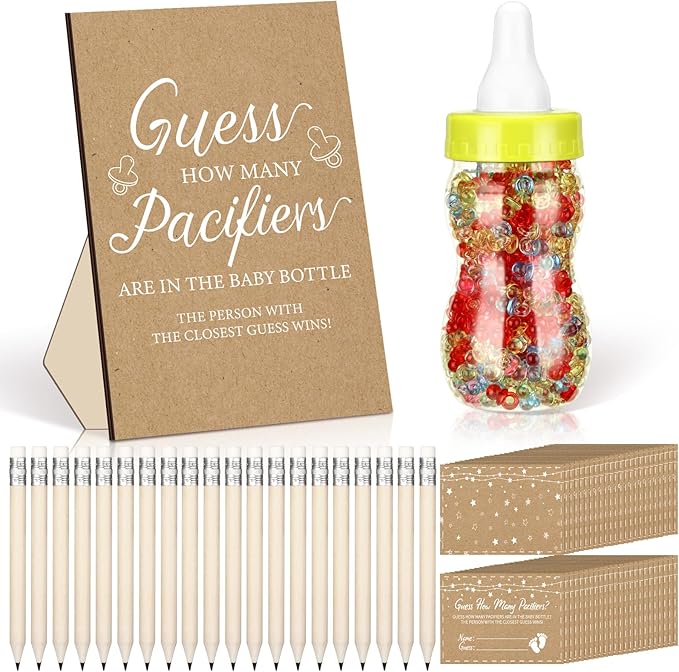 Syhood Kraft Baby Shower Games Guess How Many Pacifiers Rustic Game Sign 50 Small Guessing Games 20 HB Pencils 750 ml Milk Bottle 400 Acrylic Pacifiers Decorations Guests Gender Reveal Party Favors