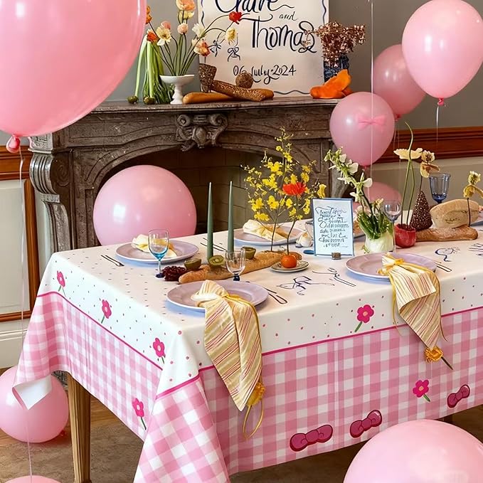 Pink Bow Flower Tablecloth 4 Packs, Pink White Gingham Cute Plastic Tablecloths Disposable Birthday Party Decoration, 54" x 108" Waterproof Tablecloth for Girls Birthday Princess Party Supplies