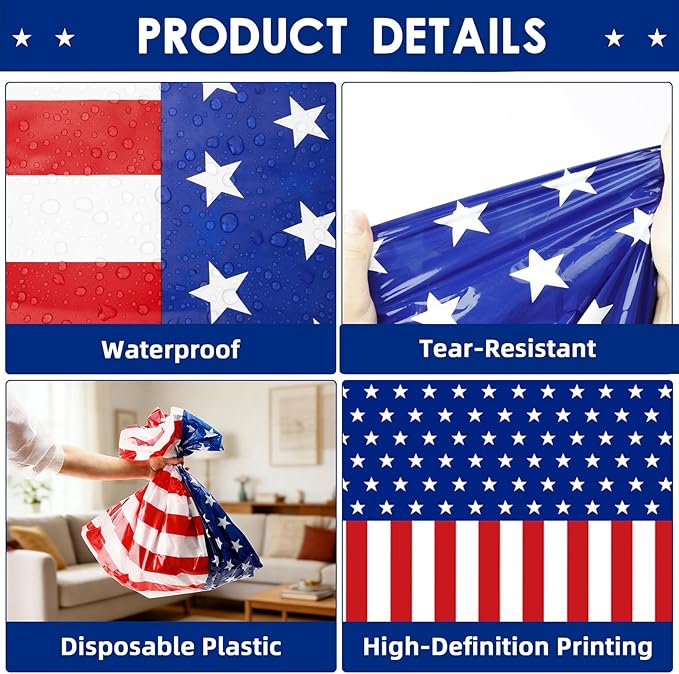 4th of July Tablecloth, Patriotic Plastic Tablecloths 54"x108", Fourth of July Table Decorations Red White and Blue American Table Covers 8 Pack, Patriotic Decorations Memorial Day Party Supplies
