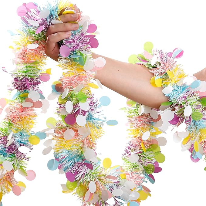 Easter Garland Decor,50Ft Glitter Tinsel Spring Garland Decorations for Tree Mantle Bedroom Office Classroom Party Indoor Outdoor Holiday Home Pink Yellow Blue Green White