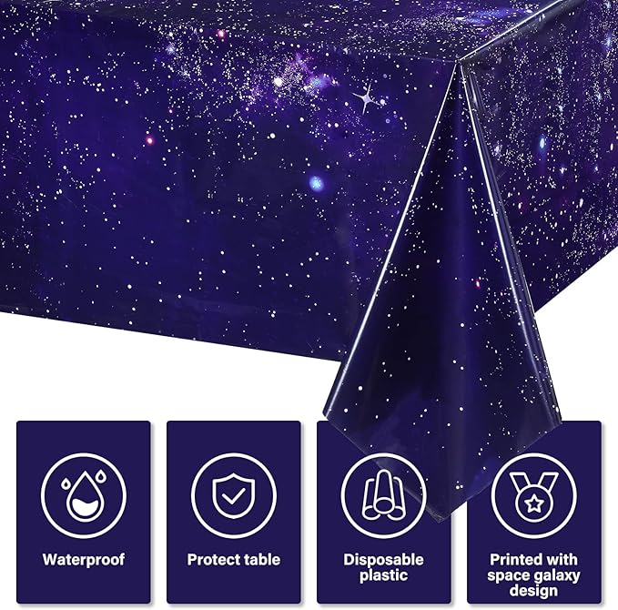 Tatuo 1 Pack Galaxy Plastic Table Cover Space Tablecloth Space Star Purple Nebula Rectangle Tablecloth Disposable Starry Night Sky Tablecover for Birthday Home Party Decorations, 54 x 108 Inch